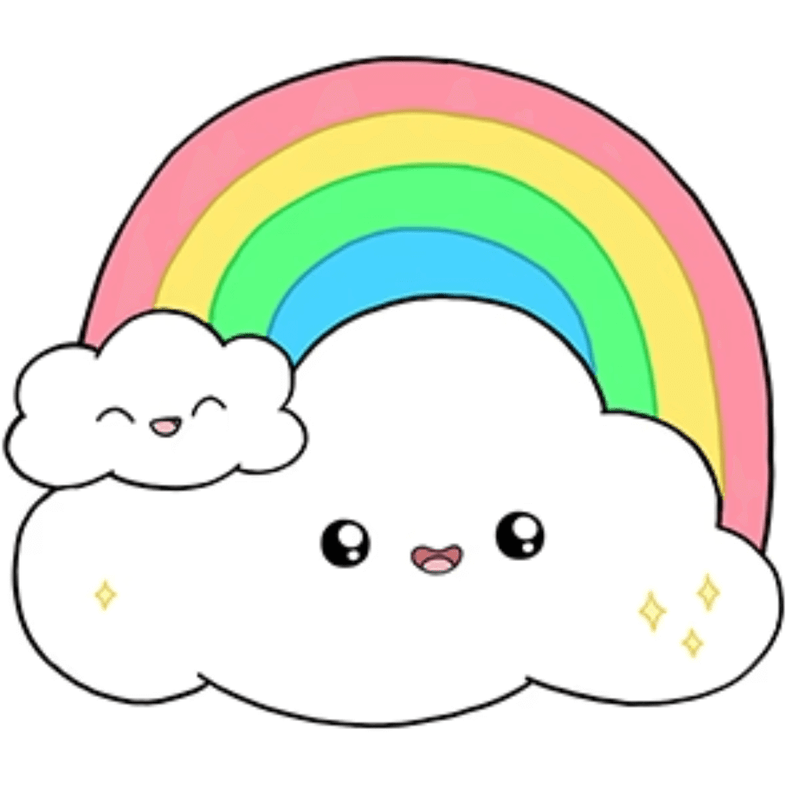 Kawaii rainbow and cloud illustration with smiling faces