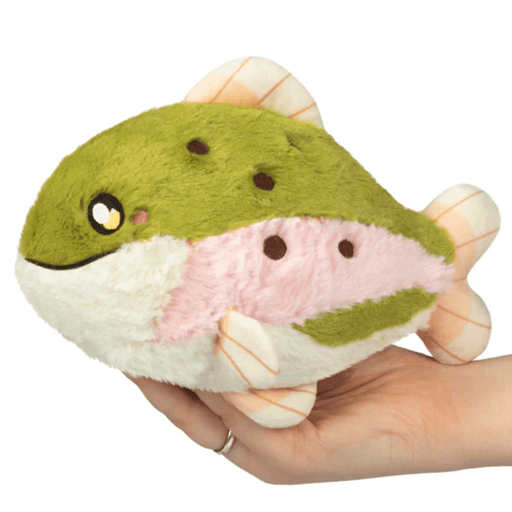Front view of the Squishable Snacker Rainbow Trout plush toy with green and pink fish design
