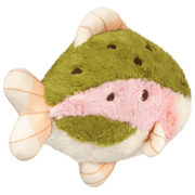 Side view of the Squishable Snacker Rainbow Trout soft toy showing pink stripe and embroidered spots