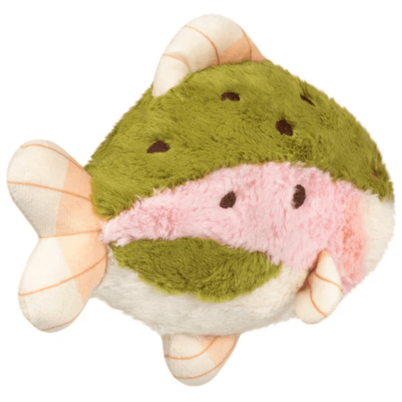 Side view of the Squishable Snacker Rainbow Trout soft toy showing pink stripe and embroidered spots