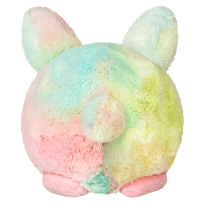 Back view of Squishable Snacker Fluffy Bunny Tie Dye plush toy showing pastel tie dye pattern and tail