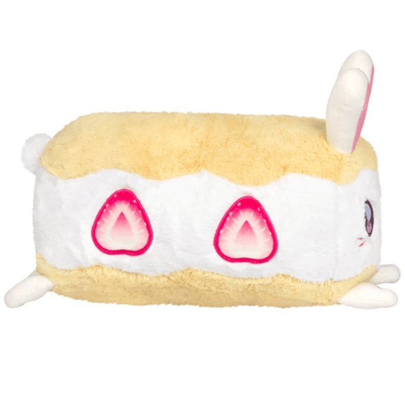Side view of Strawberry Sandwich Bunny Toobling plush showing embroidered strawberry slices