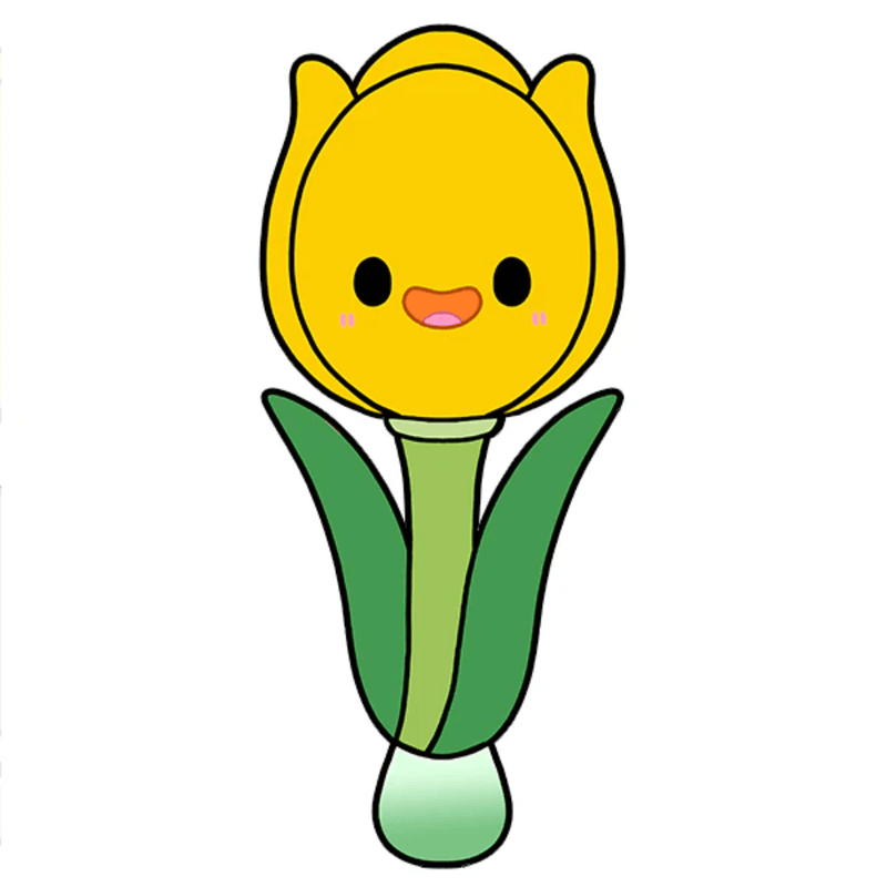 Cartoon illustration of the Squishable Tulip plush toy with yellow flower and green leaves