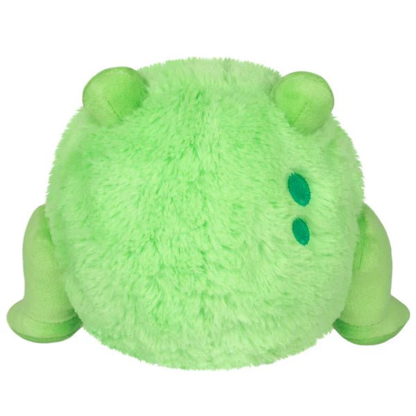 Back view of Squishable Undercover Snacker Corgi in Frog plush showing green fluffy body and frog spots