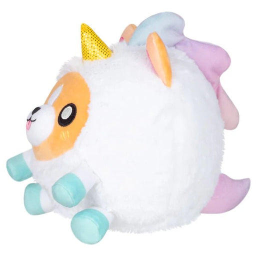 Side view of Squishable Undercover Snacker Corgi in Unicorn plush showing glitter horn and pastel mane