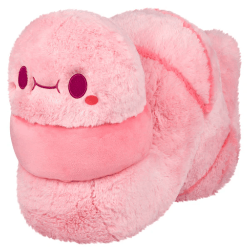 Front angled view of Squishable Worm Plush with soft pink body and embroidered face