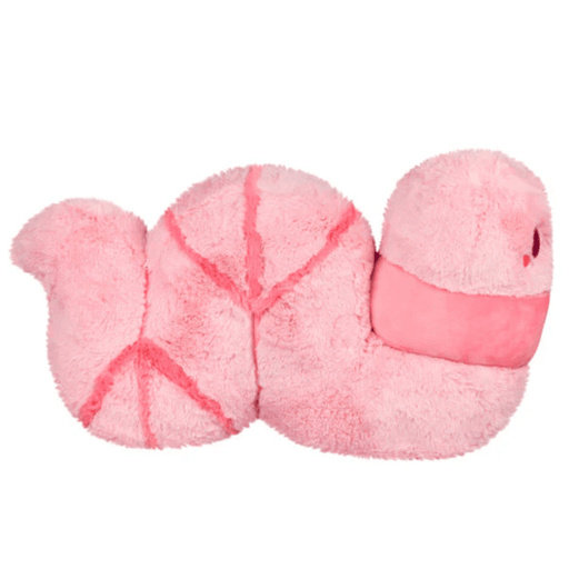 Side view of Squishable Worm Plush showing long segmented pink body