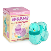 Blue Raspberry Squishable Worm plush keychain beside Candy Shop blind box
