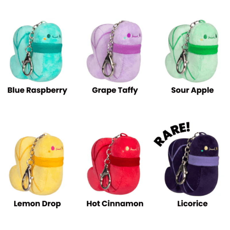 Six Squishable Worms Candy Shop plush keychain designs including rare Licorice