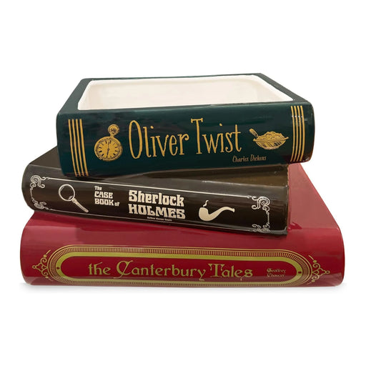 Ceramic planter shaped like stacked classics Oliver Twist, Sherlock Holmes and The Canterbury Tales