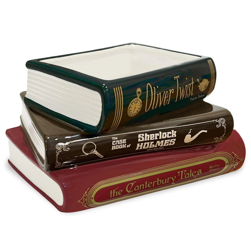 Angled view of stacked classics ceramic planter with glossy finish and raised titles