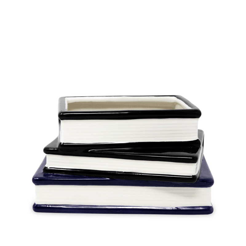 Reverse side of the gothic stacked book planter with ribbed white ceramic page details