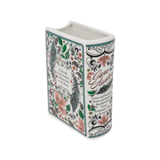 Angled reverse view of the Jane Austen book vase with floral artwork and literary quote