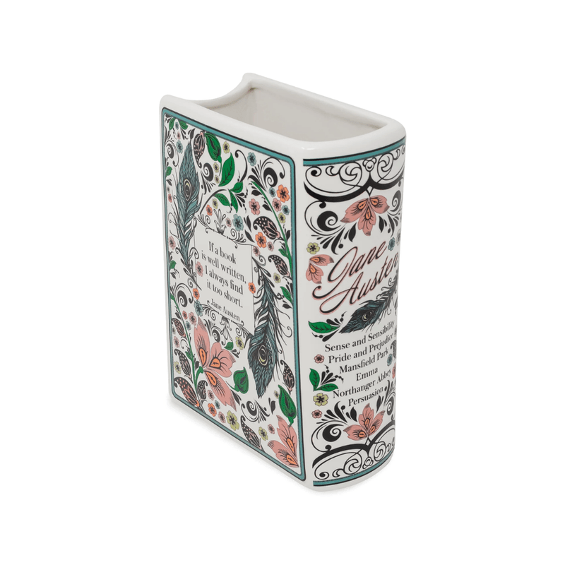 Angled reverse view of the Jane Austen book vase with floral artwork and literary quote