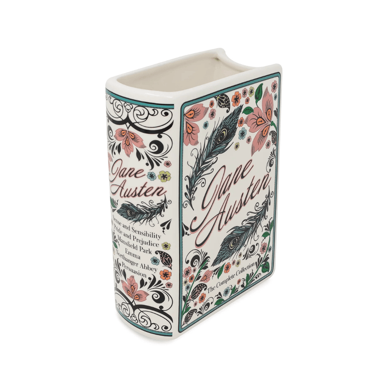 Angled view of the Jane Austen ceramic book vase showing the cover, spine and open top