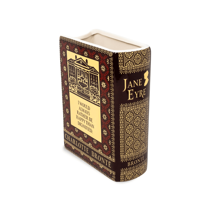 Angled reverse view of the Jane Eyre book vase showing its back and decorated spine