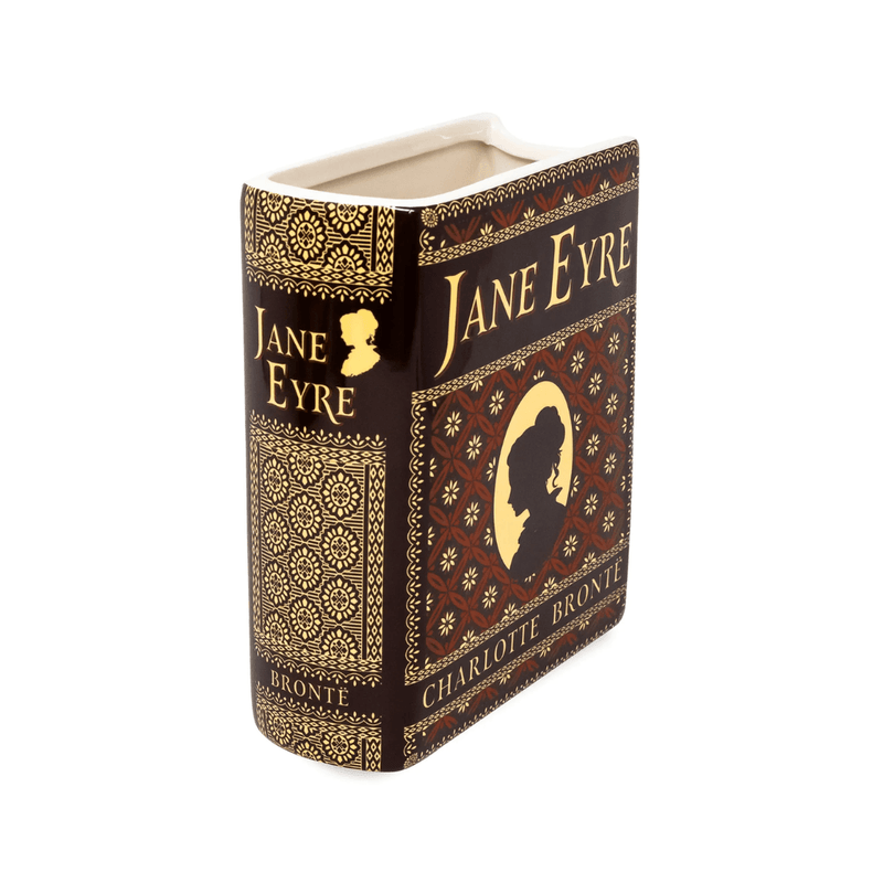 Angled view of the Jane Eyre ceramic book vase showing the cover, spine and open top