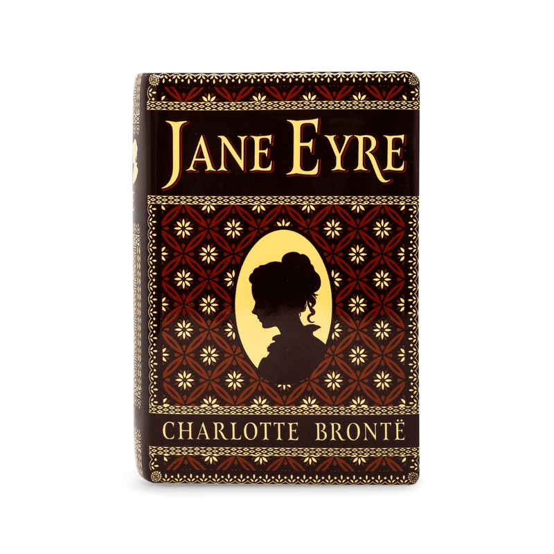 Front of the Steel Mill & Co Jane Eyre ceramic book vase with ornate red and gold cover