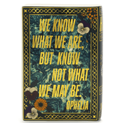 Steel Mill Hamlet book vase showing Ophelia quote and gold decorative border