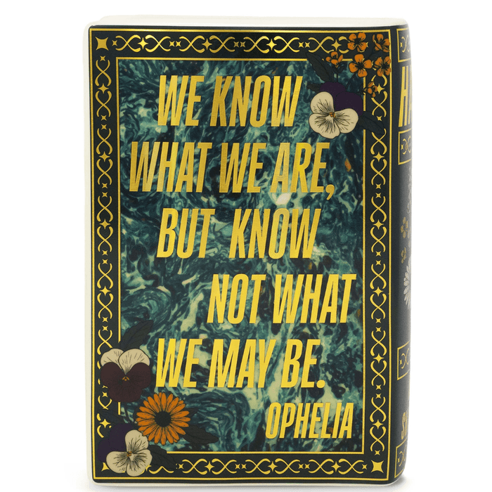 Steel Mill Hamlet book vase showing Ophelia quote and gold decorative border