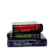 Gothic stacked ceramic book planter featuring Sleepy Hollow, Frankenstein and Dracula