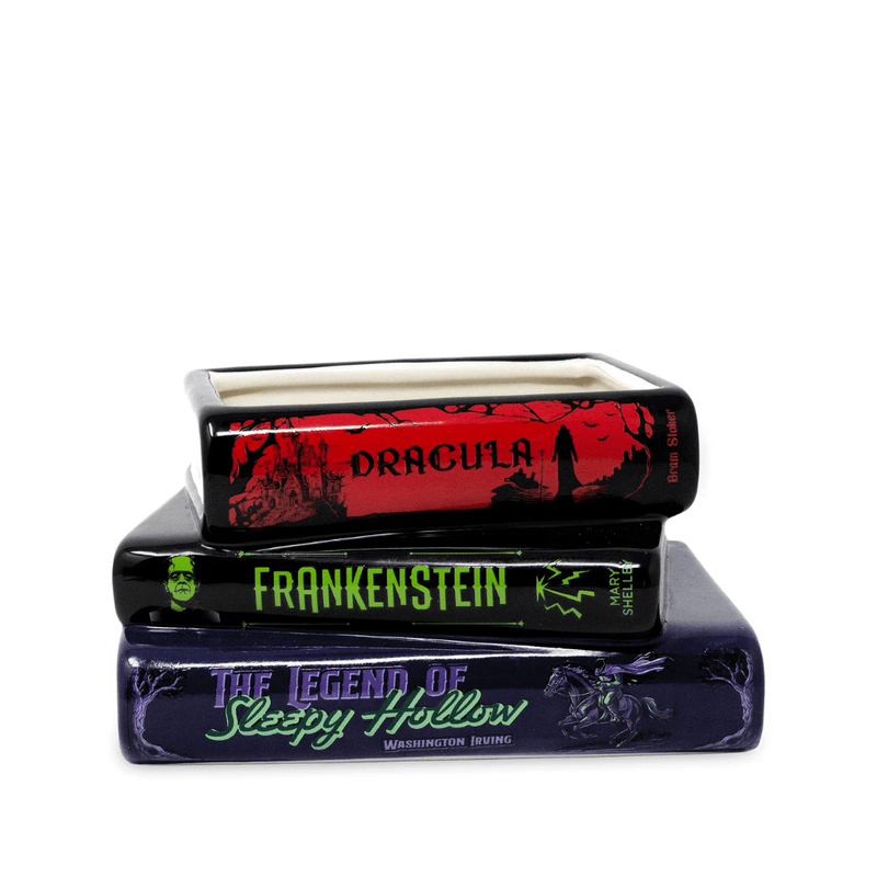 Gothic stacked ceramic book planter featuring Sleepy Hollow, Frankenstein and Dracula