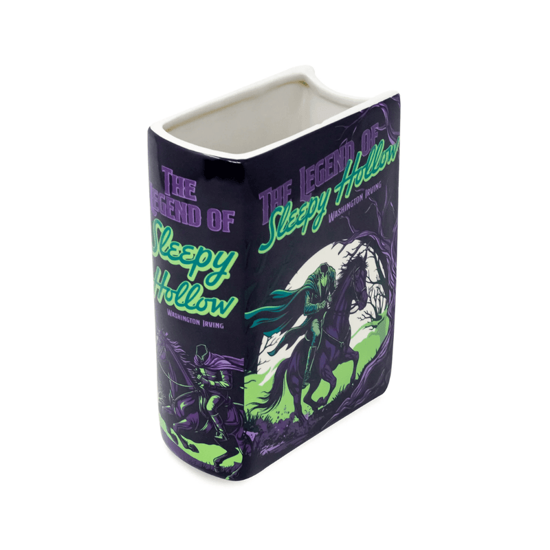 Angled view of the Sleepy Hollow ceramic book vase showing its cover, spine and open top