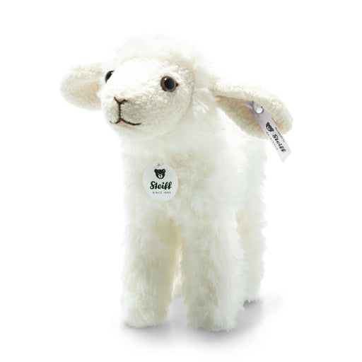 Front view of Steiff Anni Lamb plush, cream fleece with ecru–dark grey ear tag – Steiff teddy bears