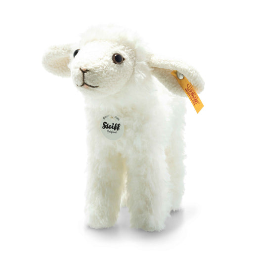 Front view of Steiff Anni Lamb plush, cream fleece with yellow-red ear tag – Steiff bears