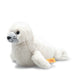 Angled view of Steiff Aro seal pup plush, snowy white with grey nose and Button in Ear – Steiff teddy bears