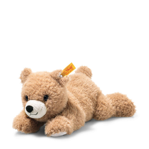 Steiff Barny brown bear plush, honey fur, lying pose with button-in-ear – Steiff teddy bears.