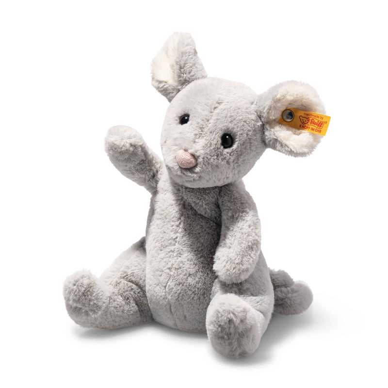 Angled view of Steiff Cheesy Mouse plush, light grey with Button in Ear – Steiff teddy bears
