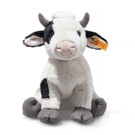 Front view of Steiff Cobb Cow plush, black and white with Button in Ear – Steiff teddy bears