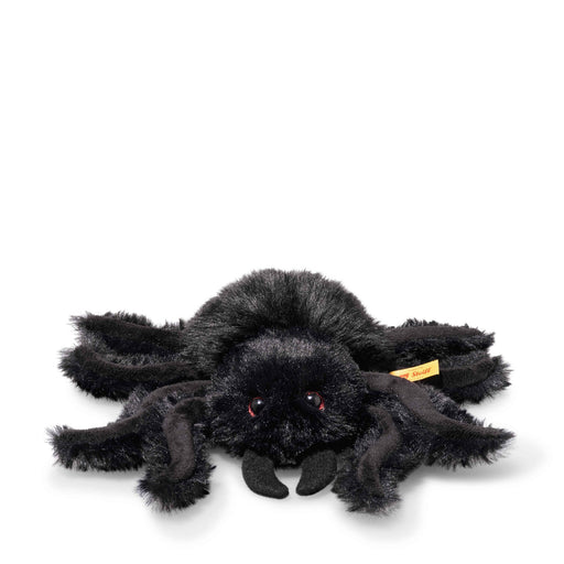 Front view of Steiff Cobweb Spider plush with fuzzy legs and red-ringed eyes