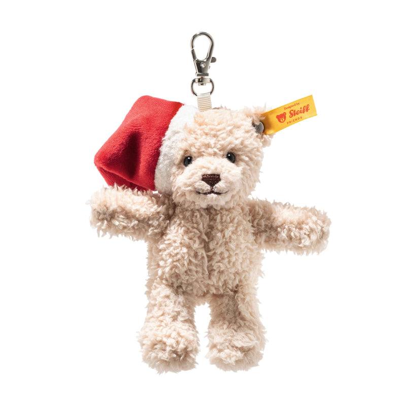 Front view clip-on Steiff Cosy Christmas Ben teddy bear keyring with red Santa hat