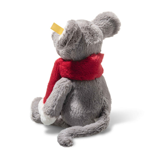 Back view of Steiff Cosy Christmas Mia Mouse with plush red scarf, long tail and white paws
