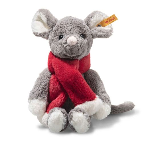 Steiff Cosy Christmas Mia Mouse plush toy in grey with a red scarf, seated front view