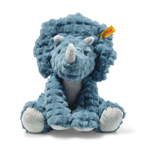Front view of Steiff Dixi Triceratops plush in dusty blue with three horns and Button in Ear – Steiff teddy bears