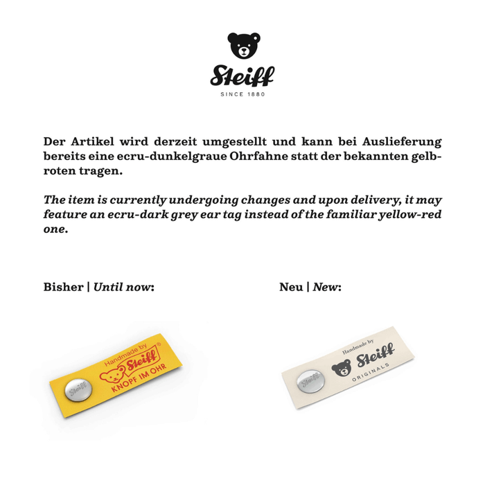 Steiff notice showing the old yellow-red ear tag and the new ecru-dark grey ear tag design for Steiff teddy bears