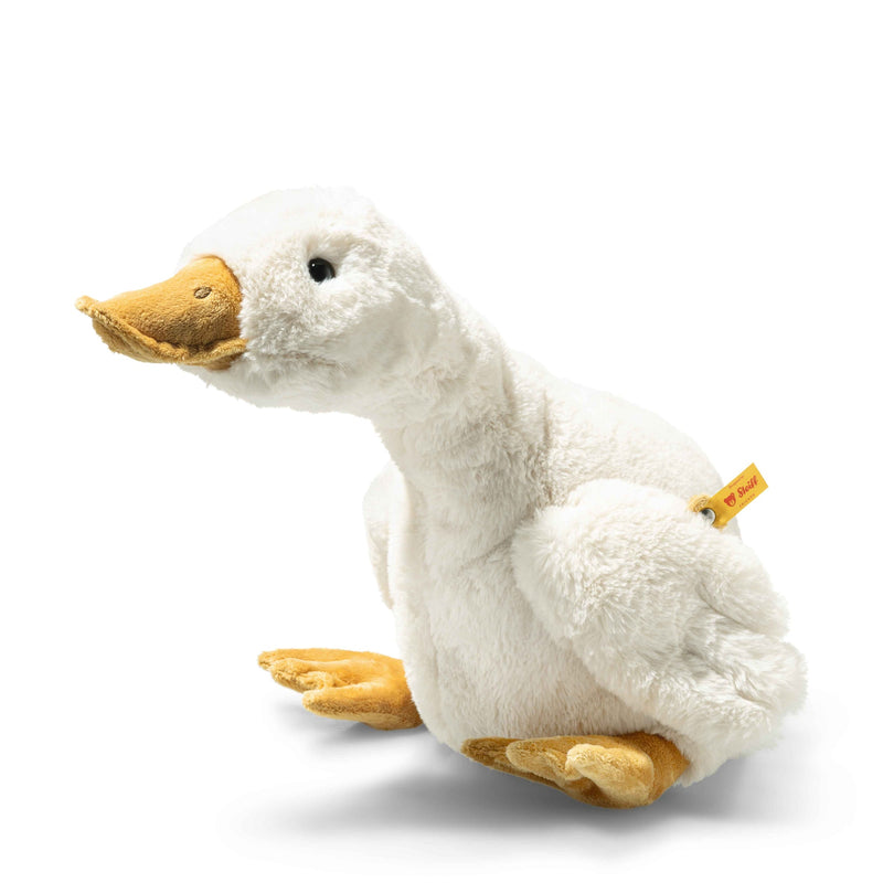 Angled view of Steiff Gilda goose plush sitting upright with webbed feet – Steiff teddy bears