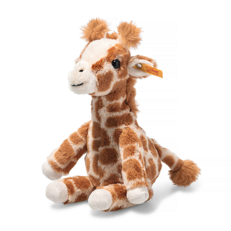 Angled view of Steiff Gina Giraffe plush with soft spotted fur and Button in Ear – Steiff teddy bears