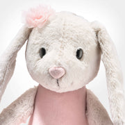 Portrait close-up of Steiff Hoppie ballet bunny face, light grey plush – Steiff teddy bears