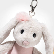 Close-up of Steiff Hoppie ballet bunny keyring face with pink bow and Button in Ear – Steiff bears