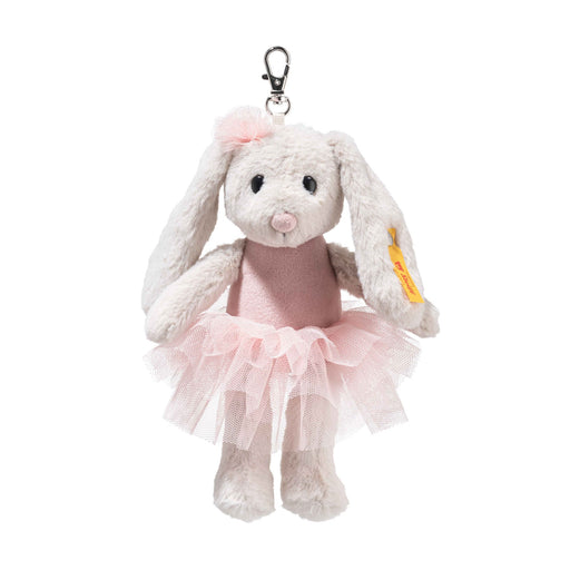 Front view of Steiff Hoppie ballet bunny keyring in light grey with pink tutu and clip – Steiff teddy bears