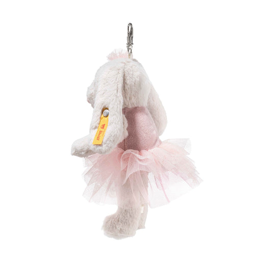 Side view of Steiff Hoppie ballet bunny keyring showing tutu and metal clip – Steiff teddy bears