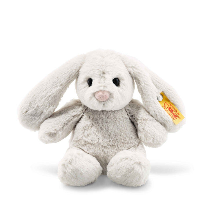 Front view of Steiff Hoppie Bunny in light grey plush with floppy ears and Button in Ear – Steiff teddy bears