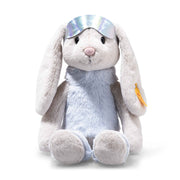 Front view of Steiff Hoppie Bunny plush wearing iridescent ski goggles