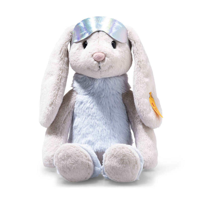 Front view of Steiff Hoppie Bunny plush wearing iridescent ski goggles