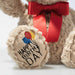 Close-up of Steiff Jimmy Teddy Bear paw with Happy Birthday embroidery and red satin bow – Steiff bears