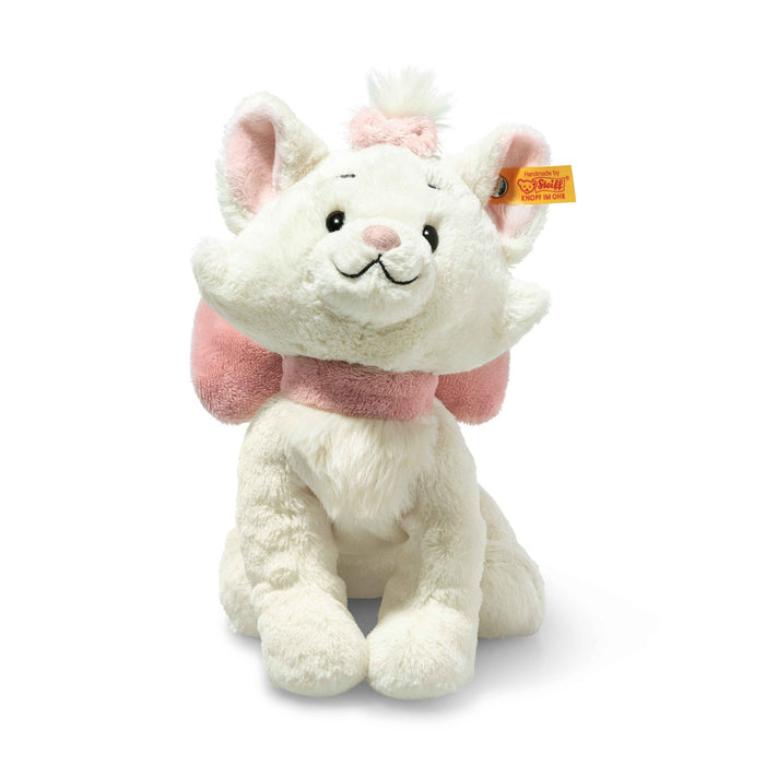 Front view of Steiff Marie cat plush, soft white fur with big pink bow – Steiff bears